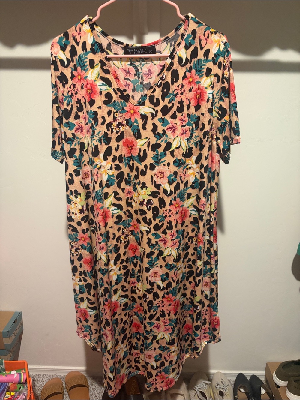 Lush Floral Leopard-Print V-Neck Dress in Beige